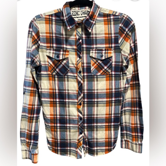 RZNC Aerosmith Design upcycled, Plaid Jrs Shirt in Blue, Orange & Cream Sz L - Picture 1 of 5